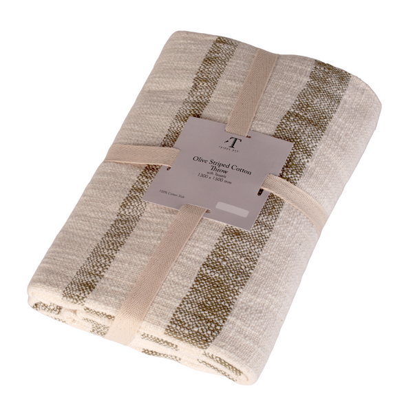 Olive Striped Cotton Throw with Tassels