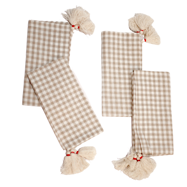 Taupe Gingham Napkin with Tassels Lace Set of 4