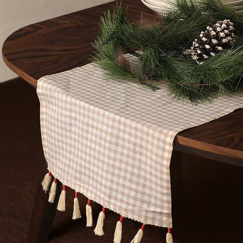Taupe Gingham Table Runner with Tassels