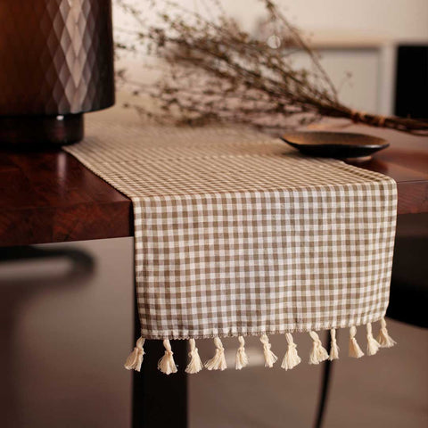 Olive Gingham Table Runner with Tassel Lace