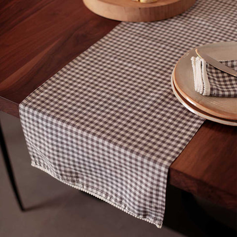 Gray Gingham Table Runner with Pom Pom Lace