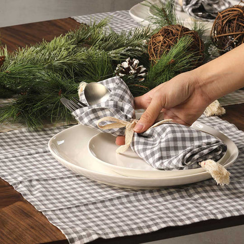 Gray Gingham Napkin with Tassel Lace Set of 4