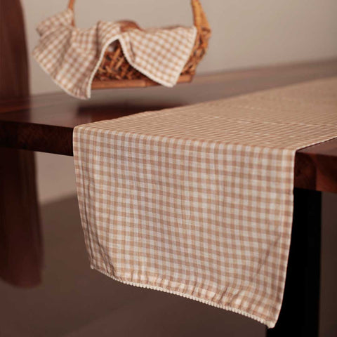 Taupe Gingham Table Runner with Pom Pom